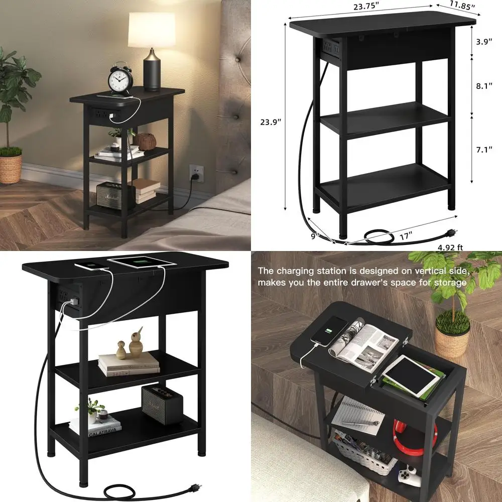 

Торцевой столик с зарядной станцией, приставной столик с откидной крышкой и USB-портами и розетками, тумбочка для небольших помещений, прикроватные тумбочки