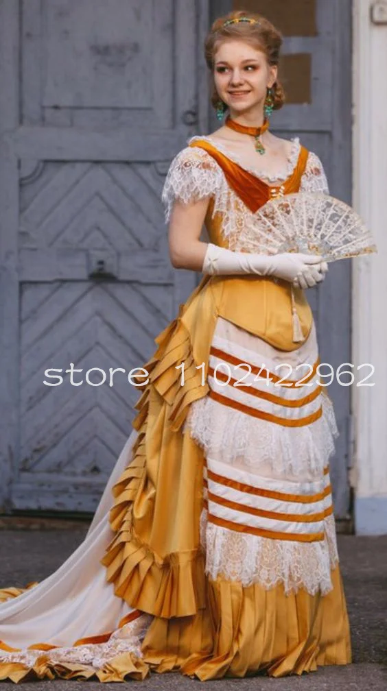 Vestido de oro blanco de la Reina de la duqueta francesa para mujer, traje Victoriano del 18 °, traje de noche, traje de baile de graduación de Teatro de guerra Civil