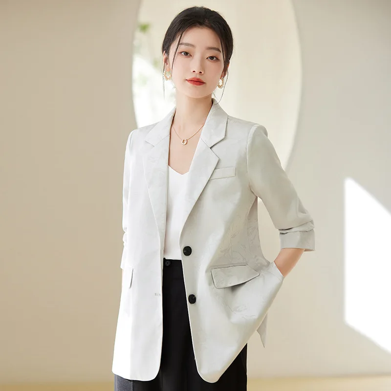 2024 Spring Elegant Women Texture Jacquard Blazer Nine Quarter Sleeves Buttons Office Lady Jacket Casual Top Femme Coat Y2K