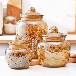 Modern Amber Grid Striped Glass Jar Food Seal Bottle Fruit Pickle Pot Coffee Bean Tea Candy Jar Glass Container Craft Home Decor