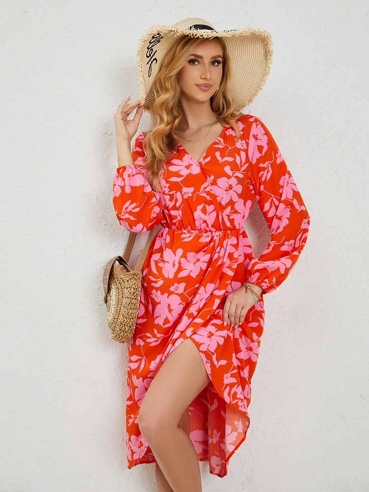 

Red Printed Long Sleeved Womens Dress 2023 Autumn V-neck Elastic Waist Irregular Mid Length Skirt Fashion Elegant Commuter Dress