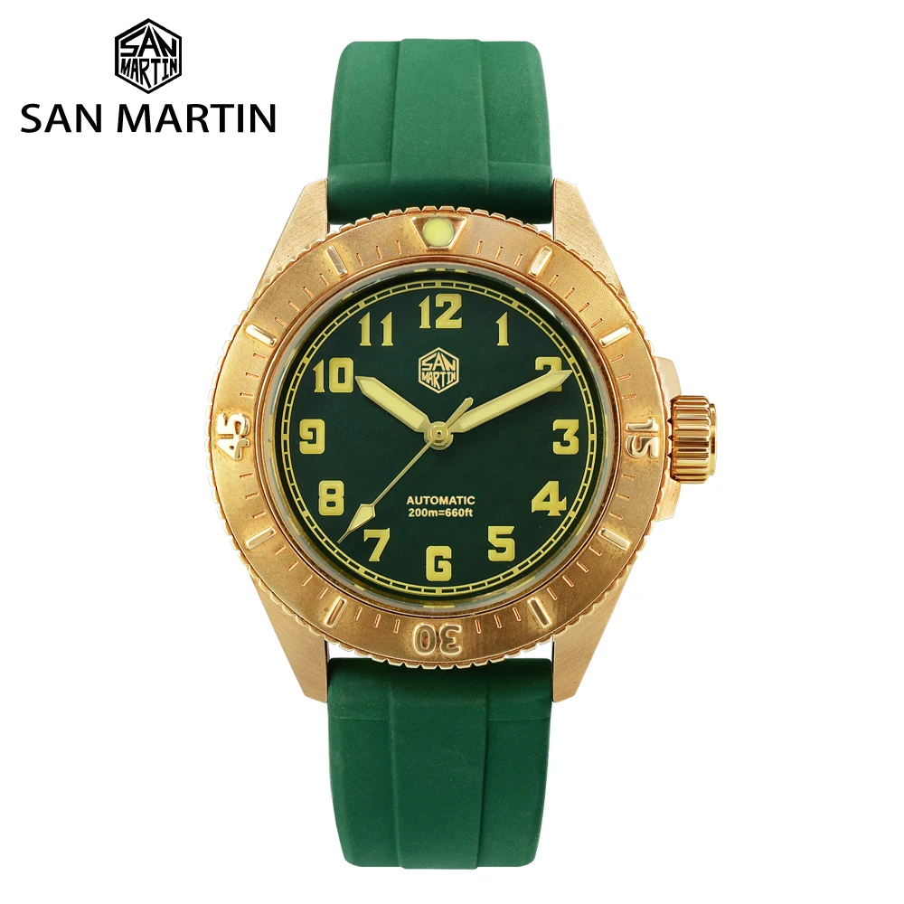 San Martin Automatic Mechanical Diver Watch Luxury Retro Leather Bronze Rotating Bezel Wristwatch Luminous 200m Waterproof