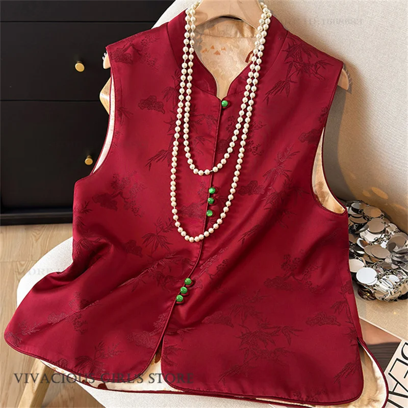 Plus Size Traditional Chinese Clothing New Chinese Style Womens Tang Clothes Tops Qipao Vest Satin Jacquard Jacket Coat Outwear