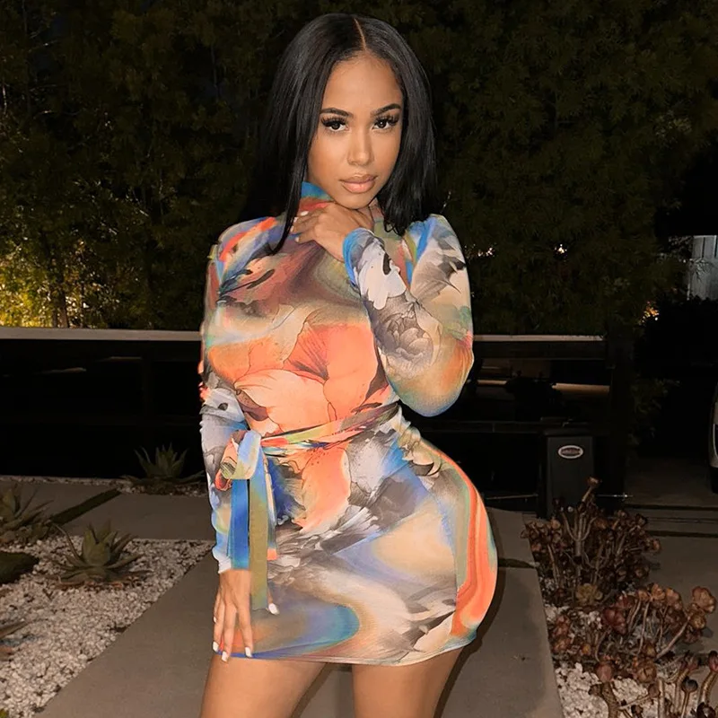 

European and American Women's New Casual Printed Long-sleeved High-necked Strap Mesh Slim Short Dress