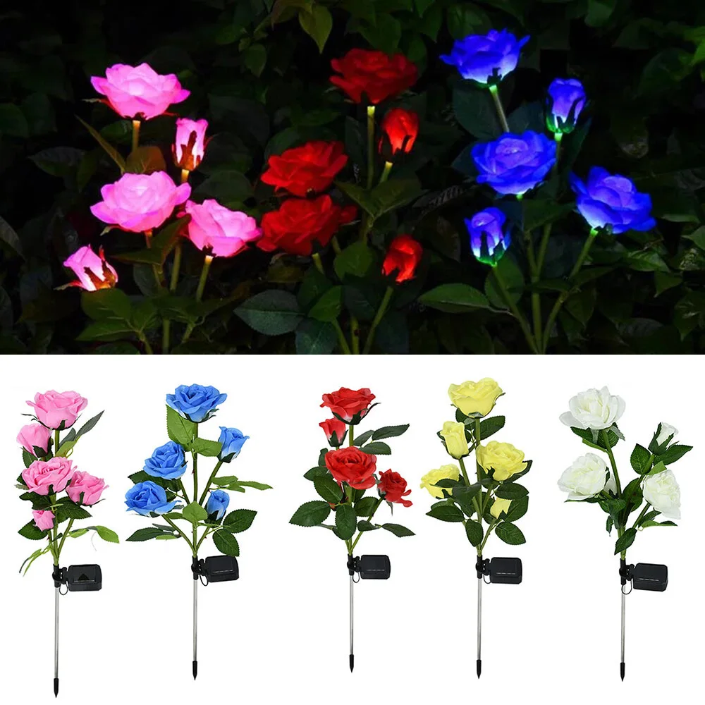 Luces LED solares de rosas de 5 cabezales, lámpara de noche para césped, paisaje, jardín, decoración del hogar