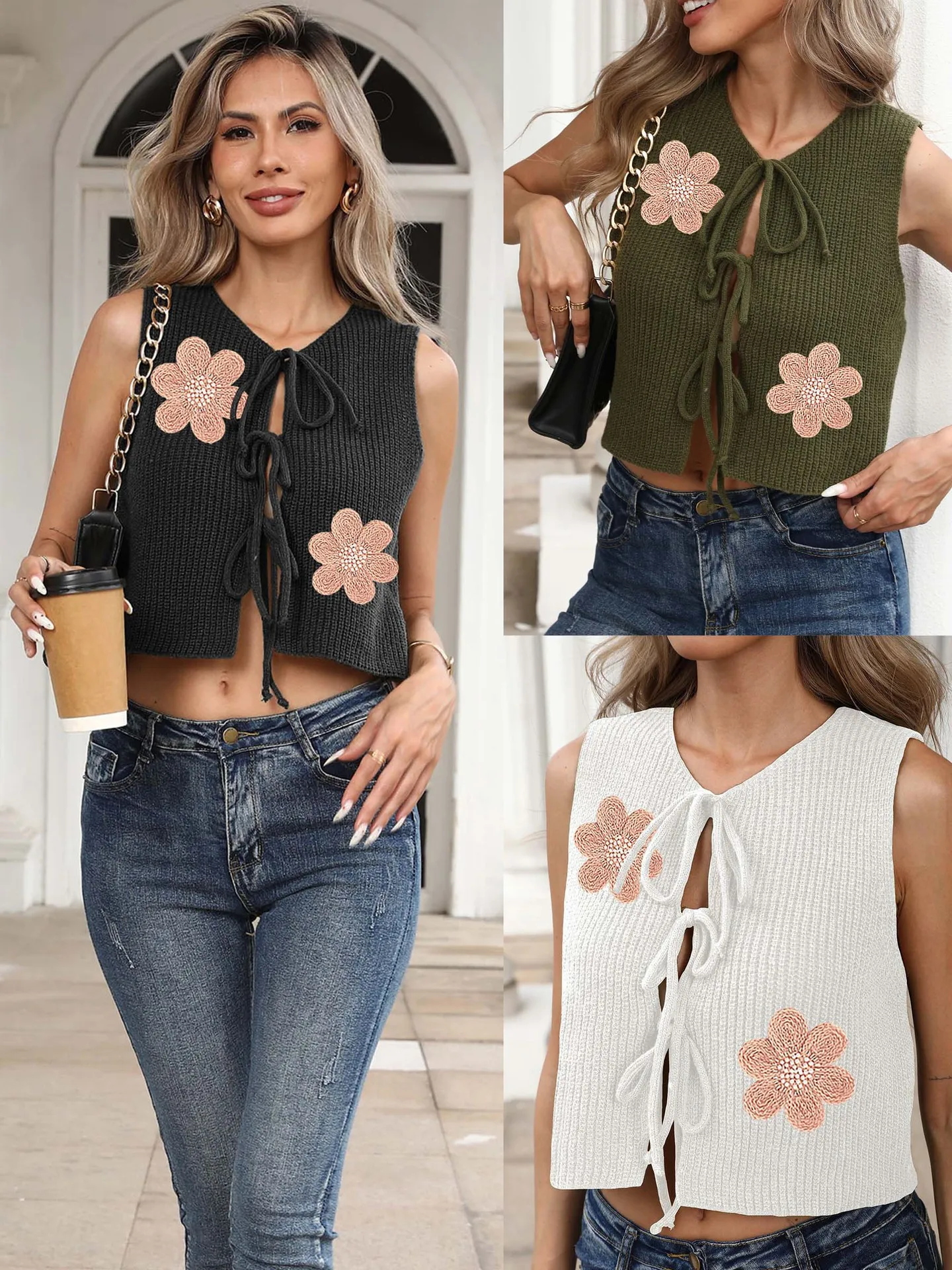 Women Knit Cardigan Open Front Shrug Tie Knot Blouse Top Sexy Lace Up Bow Embroidery Flower Solid Spring Summer Cardigans