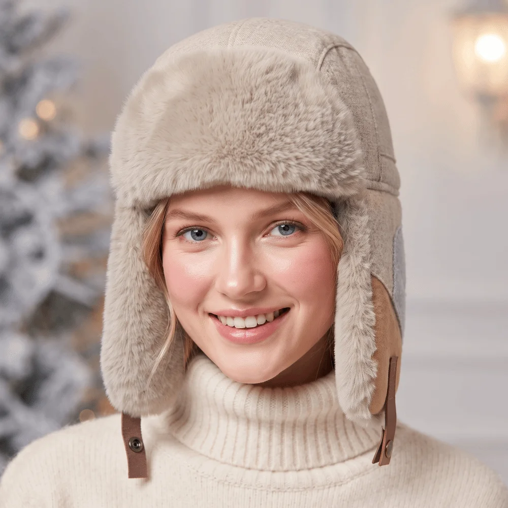 Color Block Winter Trapper Hat Fleece Lined Ear Flap Windproof Winter Hat Wind Resistant Thick Thermal Patchwork Ski Cap
