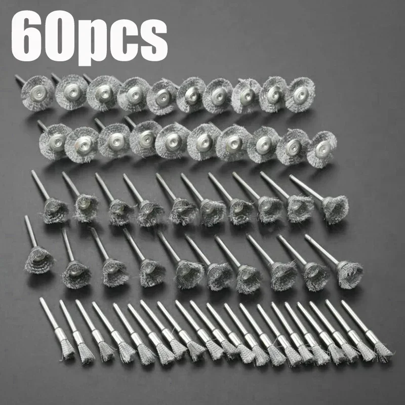 60Pcs 3mm Shank Steel Wire Wheel Brushes for Metal Rust Removal Polishing Brush Steel Rotary Brush for Drill Rotary Tool