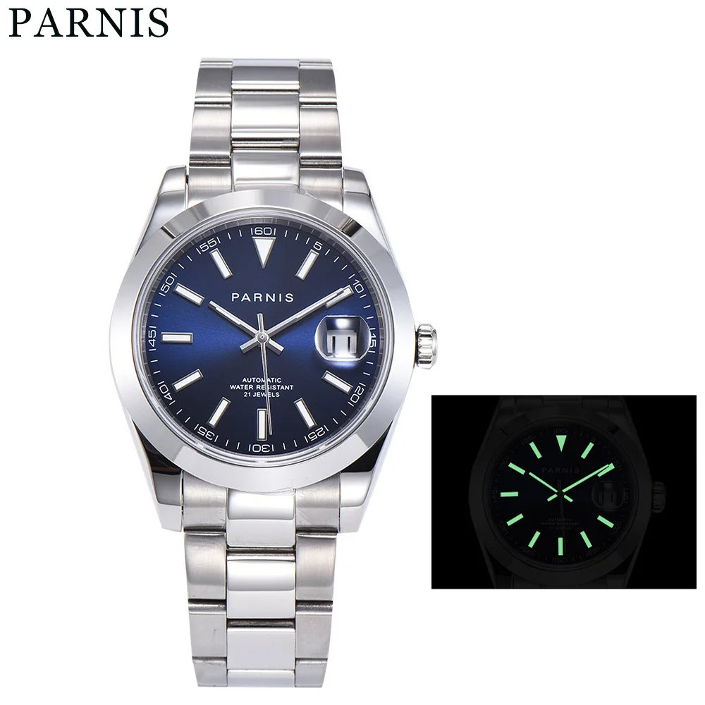 Parnis 39.5mm Automatic Men\'s Wristwatch Smooth Bezel Luminous Marker Polished Solid 316L Stainless Steel Case Watch