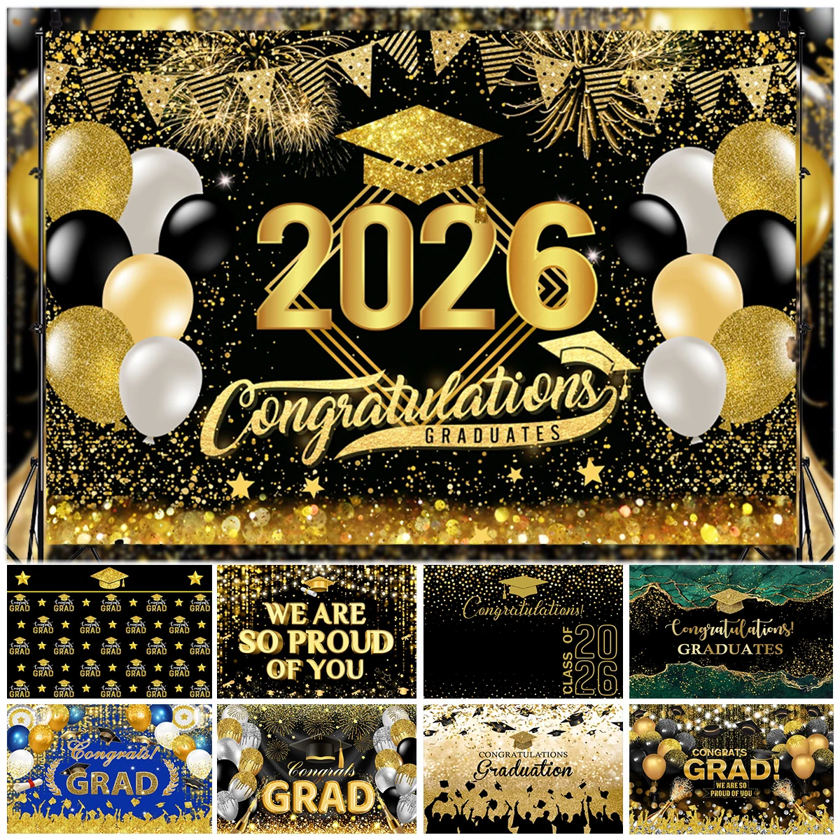 

Class Of 2026 Graduation Photography Backdrop Congrats Grad Glitter Balloon Cap Congratulation Party Portrait Photo Background