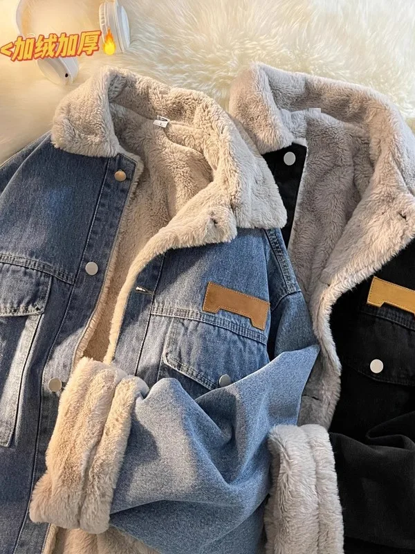 الشتاء Thiened Fce اصطف عادية فضفاضة تناسب فرو الضأن الدافئة القطن الدنيم Jaet للرجال العلامة التجارية العصرية بدوره إلى أسفل طوق معطف