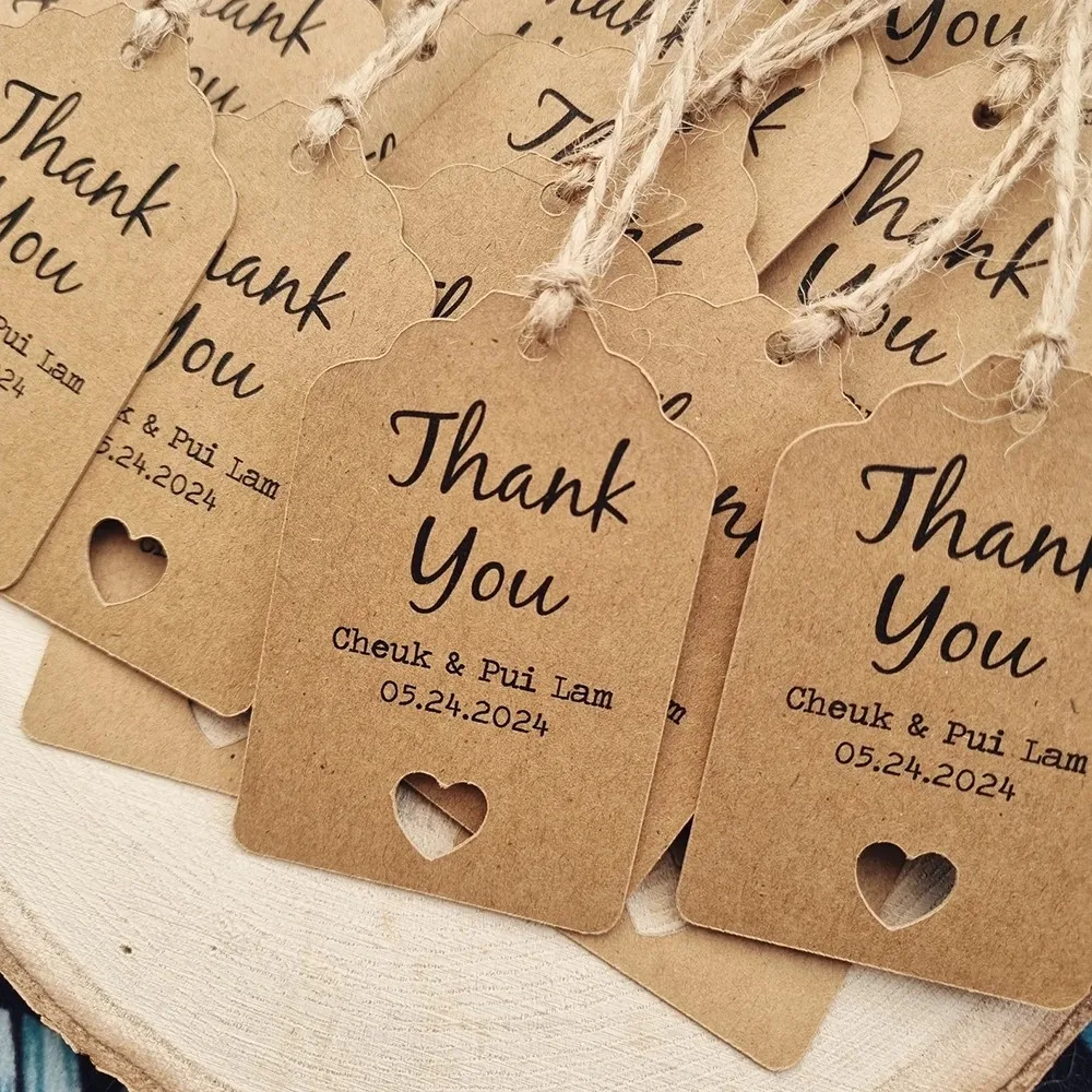 Personalised Rustic Boho Simple Thank You Wedding Tag Scallop Kraft Tags for Little Bottles With Twine