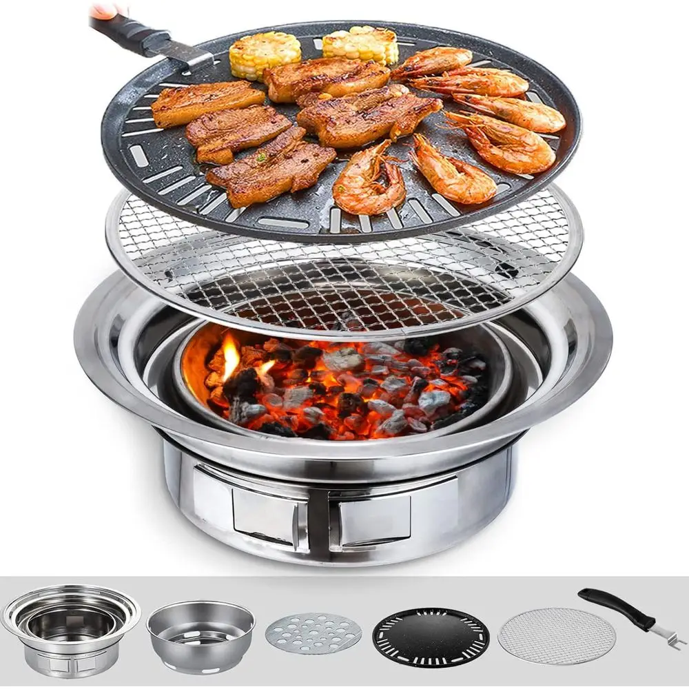 

13,7-дюймовый корейский гриль для барбекю с антипригарным покрытием, портативная угольная печь из нержавеющей стали для домашних вечеринок, кемпинга на природе