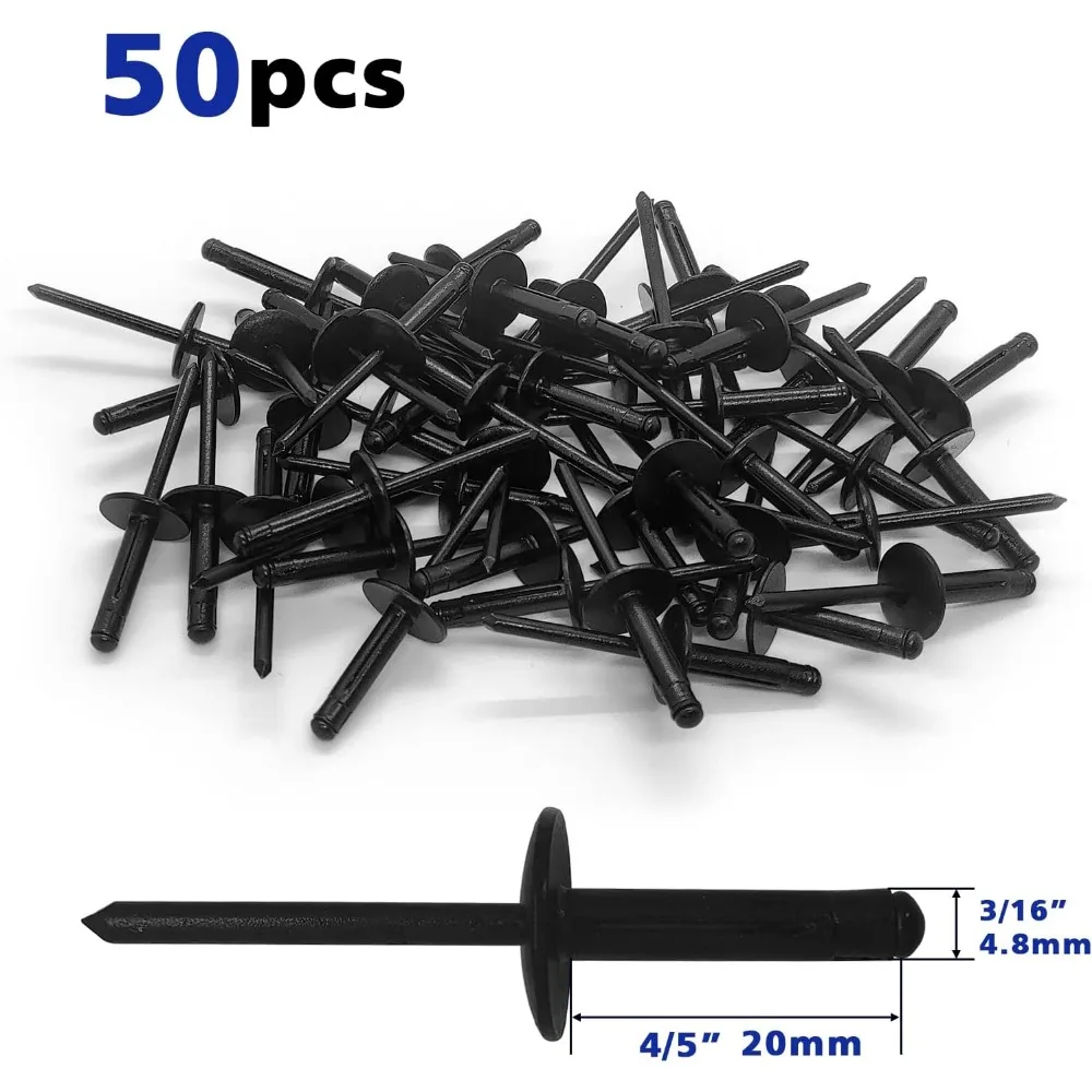 مسامير أعمى ثلاثية الطي من الألومنيوم 3/16 بوصة × 4/5 بوصة، 50 قطعة باللون الأسود للسيارات والأثاث #6