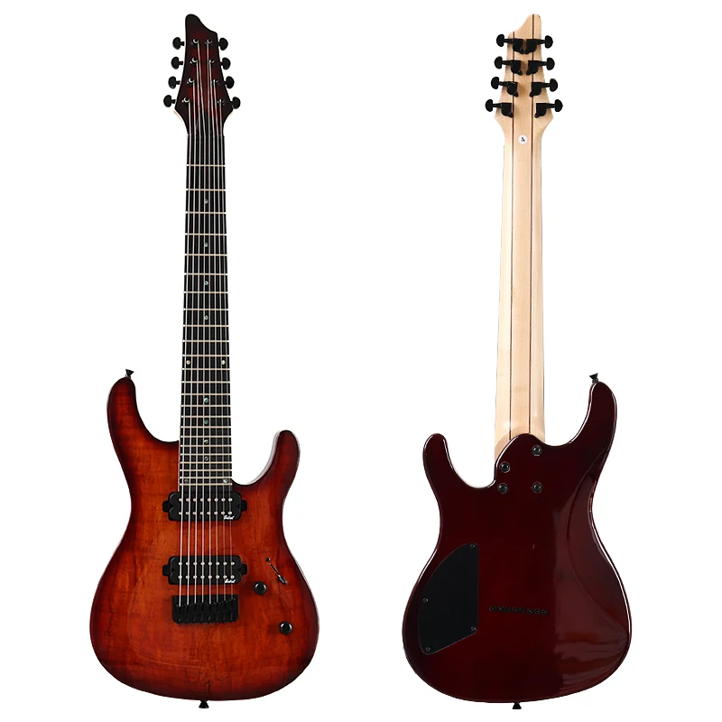 7/8 Strings Tree Burl Top Electric Guitar 39 Inch Red Solid Okoume Wood Body Matte Finish 24 Frets 5 Pcs Maple Wood Combine Neck