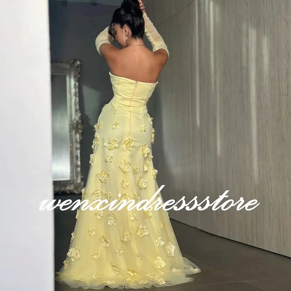 Yellow Detachable Sleeve 3/4 Sleeves Floor Length Satin Straight Evening Dress Elegant Pleats Flowers Sweep Train Party Gowns