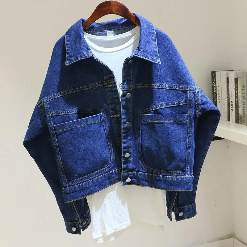 

Vintage Women short Denim Jacket Spring Autumn new fashion big Pocket Single Breasted Lapel jeans Coat Female loose Outwear R574