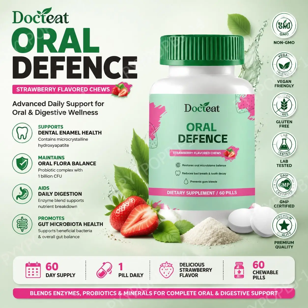 Docteat Oral Defence Tablets with Microcrystalline Hydroxyapatite and Xylitol for Enamel Support and Oral Flora Balance 60 Pills