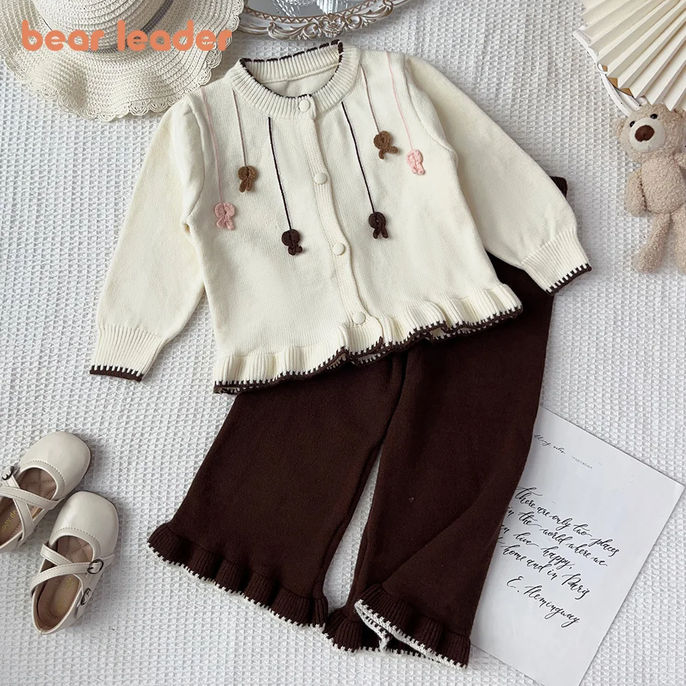 Bear Leader Autumn and Winter New Knitted Sweater Children's Set Beige Long Sleeved Cardigan + Brown Pants Daily Girls' Clothing