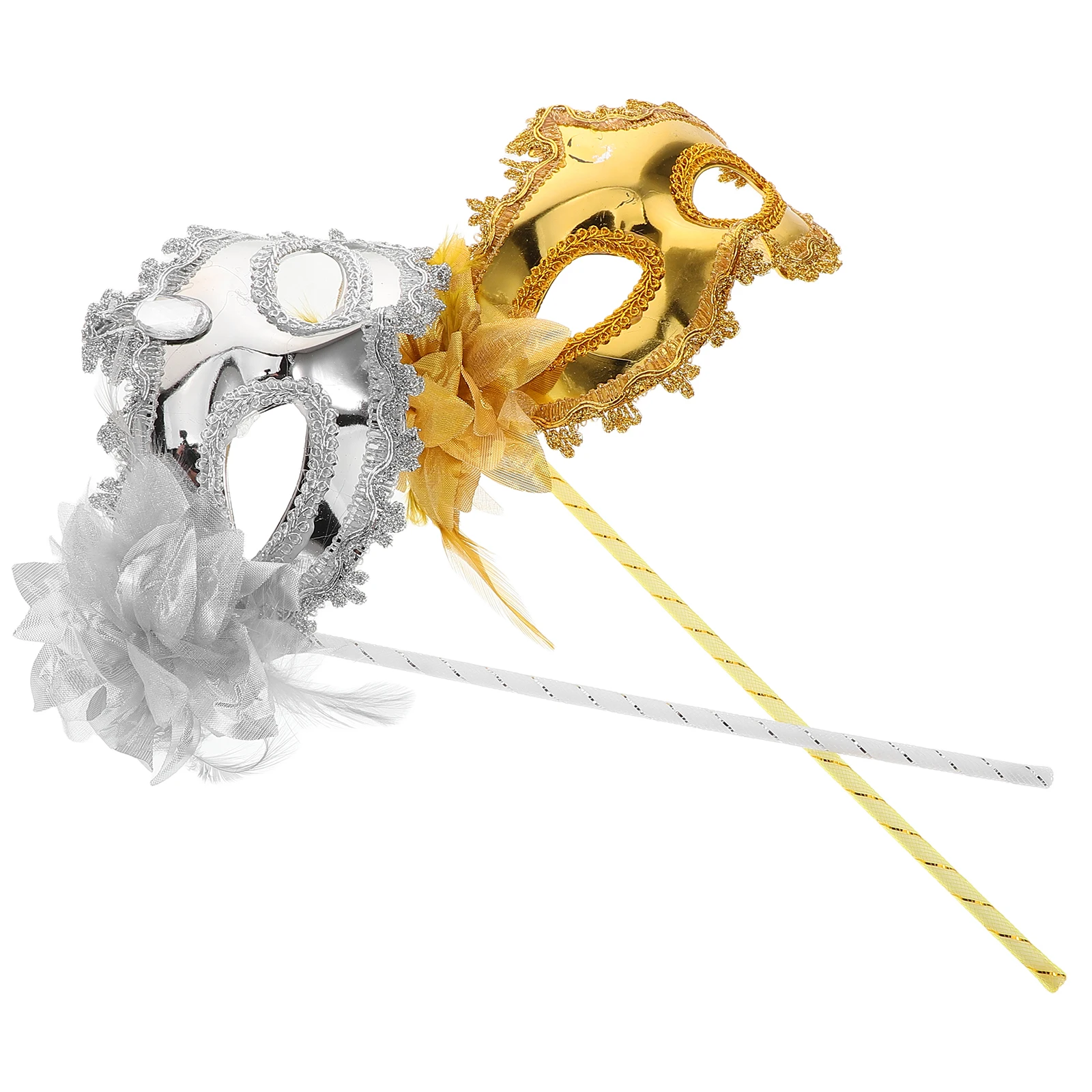 

2Pcs Handheld Mask with Stick Masquerade Carnival Costume Accessory Mask Golden Silver Color Lightweight Comfortable