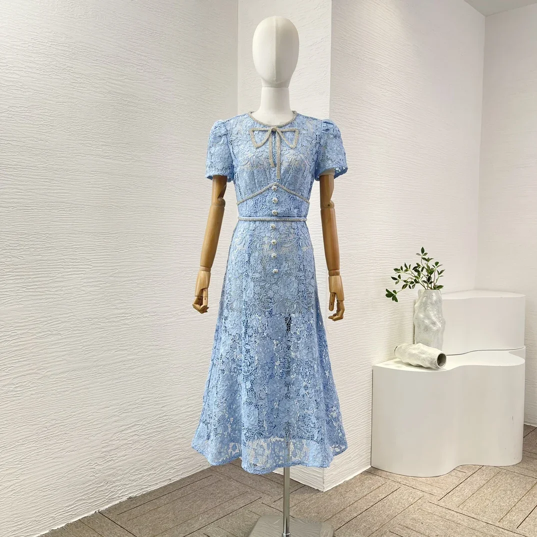 2024 High Quailty Blue Short Sleeve Lace Bow Midi Dress Invisible Back Zipper Closure