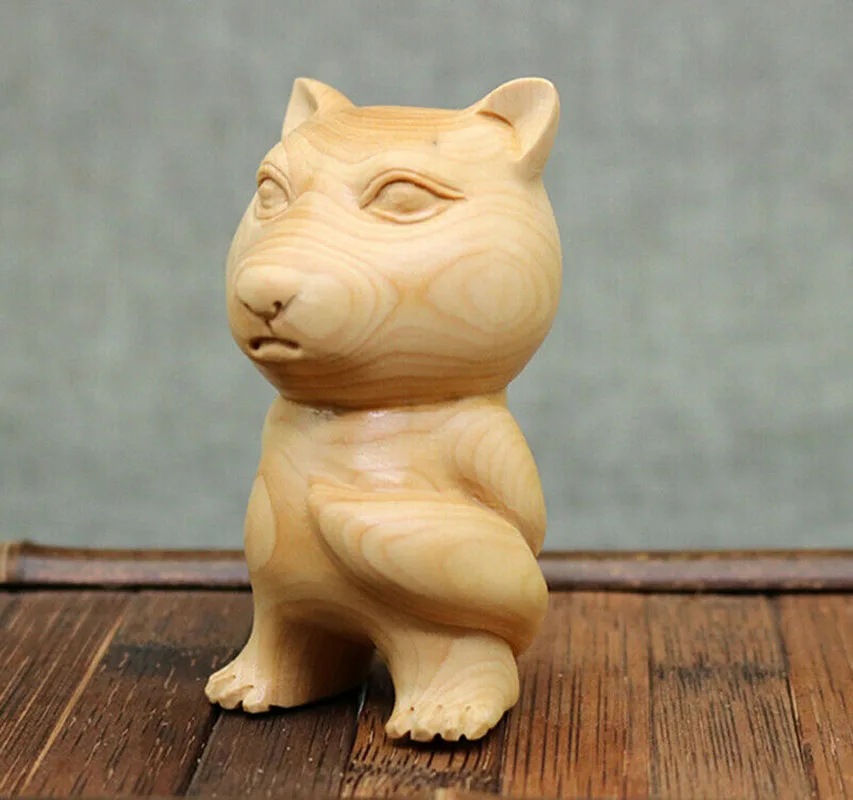 CQ146 - 7.5CM Tall Hand Carved Japanese Boxwood Netsuke Figurine Carving : Standing Fox