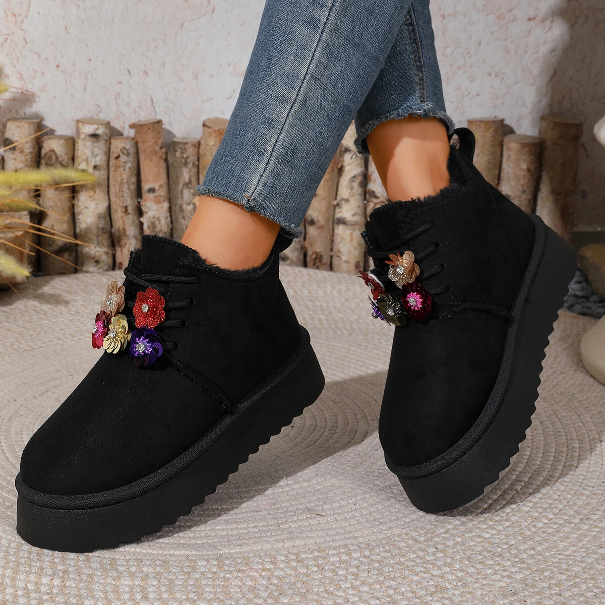 Women's Thick-Soled Winter New Cowhide Leather Flower Warm Cotton Boots