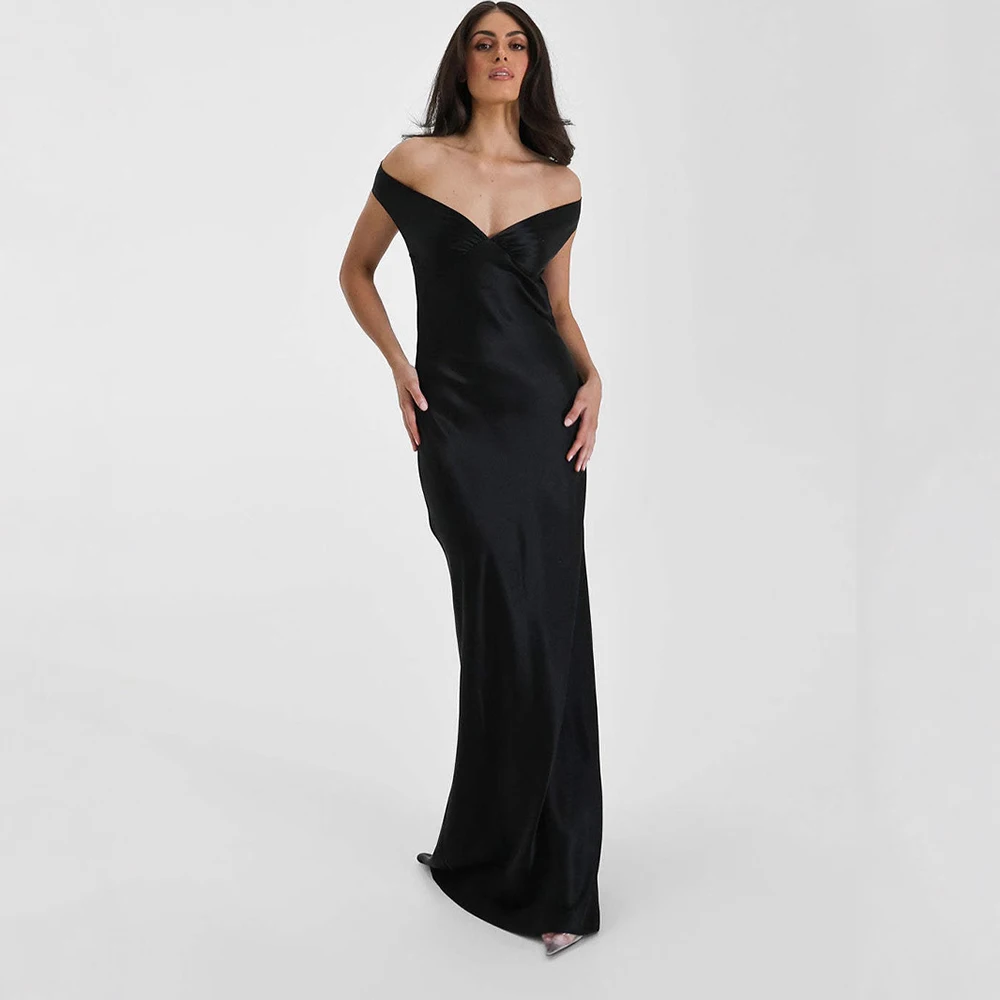 Vestido largo sexy de satén con hombros descubiertos para mujer, vestido liso sin mangas para fiesta de graduación, traje formal delgado, vestidos de novia de noche lujosos