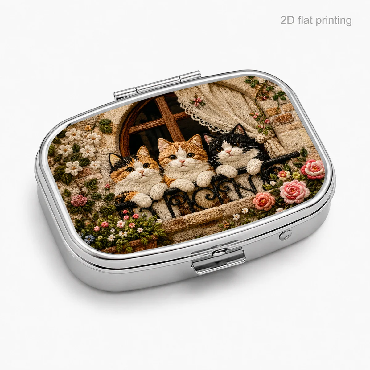 Embroidered Window-Sill Design with Three Cats and Floral Patterns, Portable Pill Box for Daily Travel, Square Moisture-Proof Small Pill Box, Multifunctional Storage Box for Vitamins and Supplements, Small Jewelry Organizer, Waterproof Pill Storage Box, H