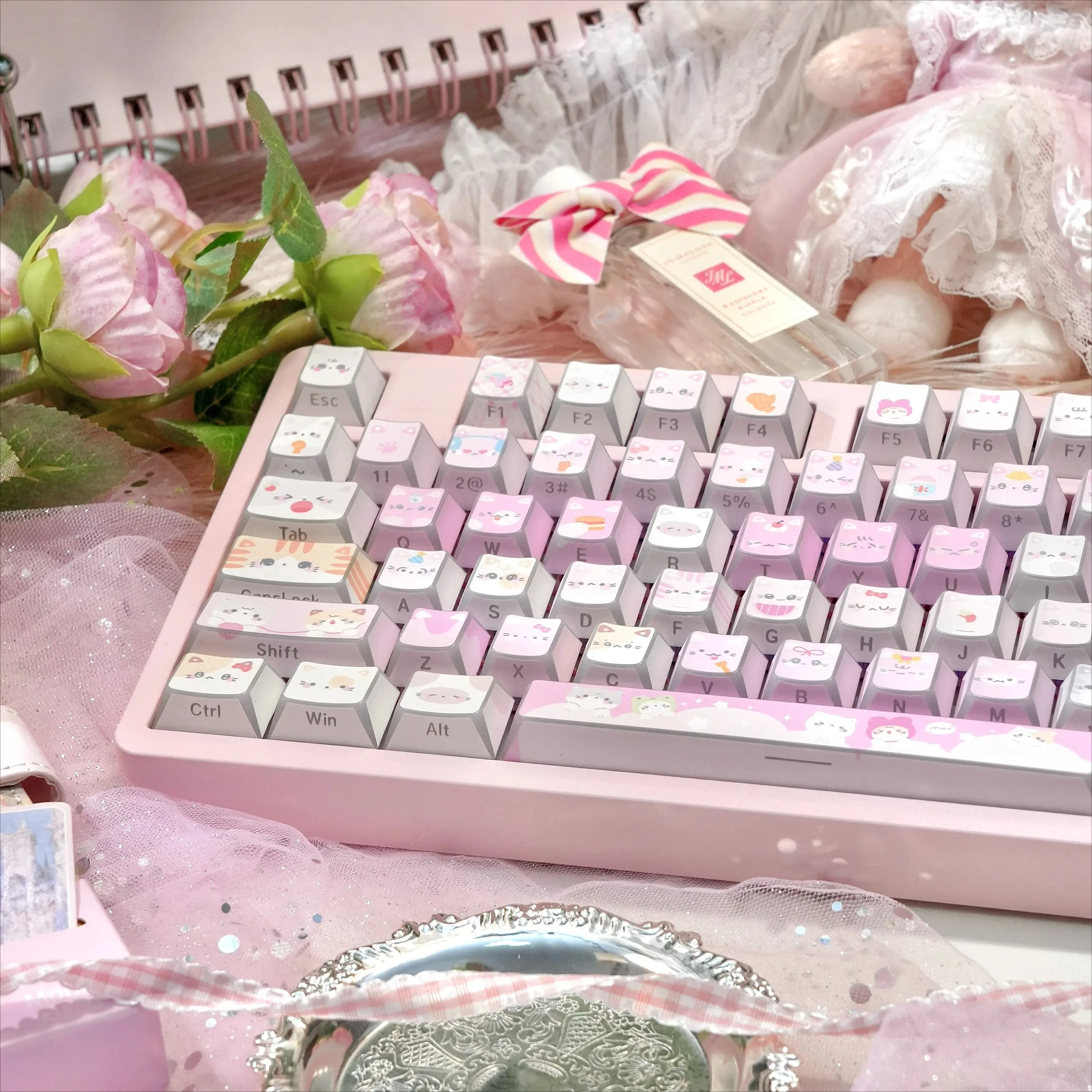 MAIMOOO Pink Cat Cherry PBT Fold Shadow Transparent Dual Color Heat Sublimation Keycaps Core Cute Mechanical Keyboard Keycap