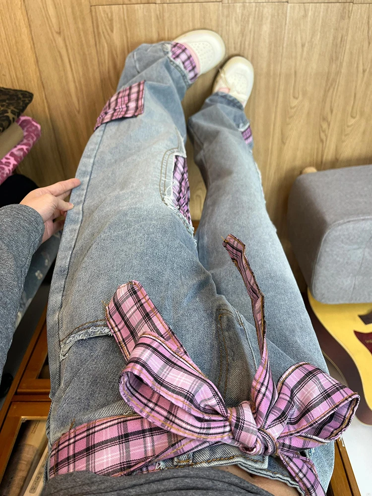 

Женские джинсы свободного кроя с широкими штанинами и клетчатым дизайном, с поясом-узлом, для осени и зимы, в американском стиле High Street