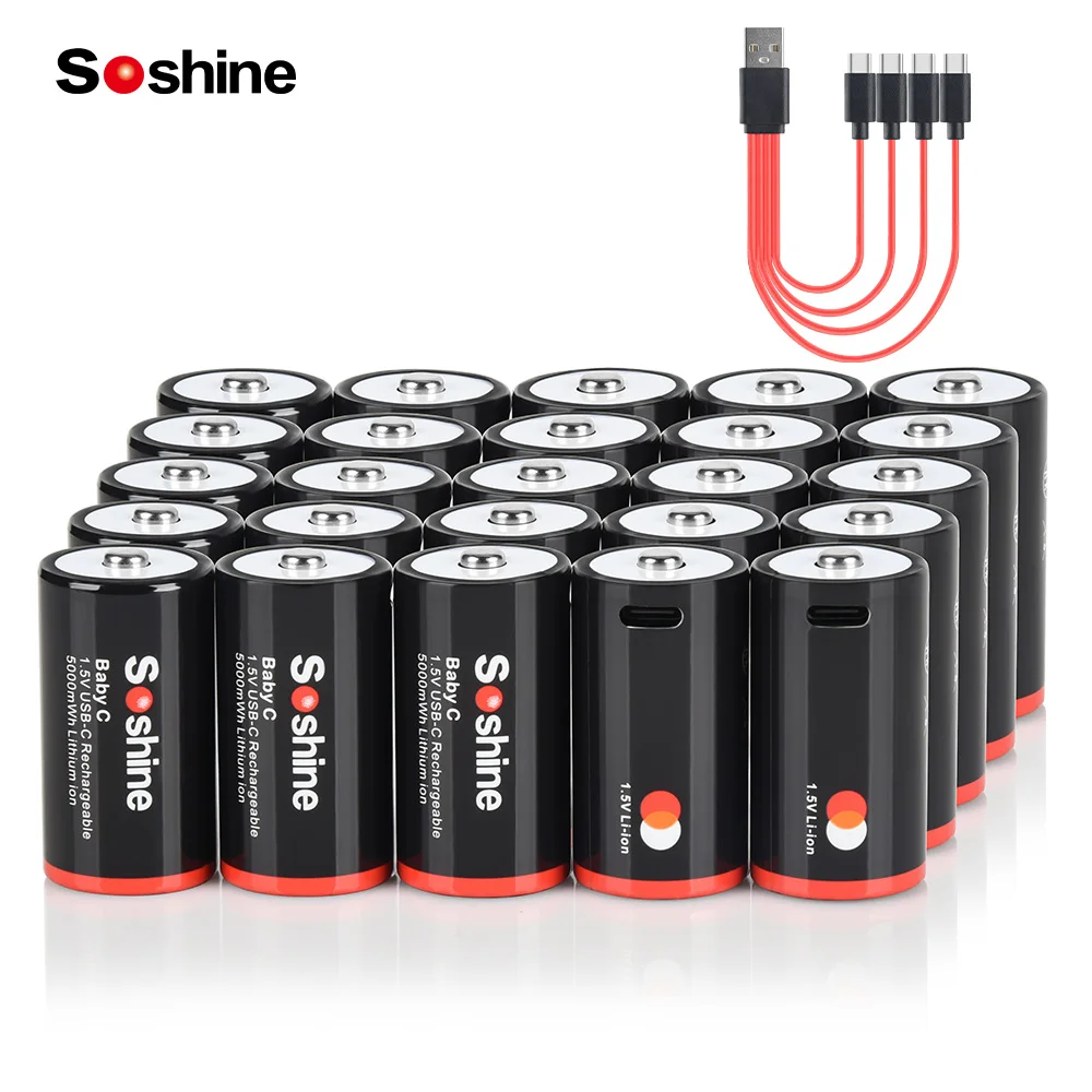 Soshine 25pc 1.5V 5000mwh C Size Battery 5000mwh Lithium Li-ion USB Rechargeable Battery for Flashlight Gas Cooker Water Heater