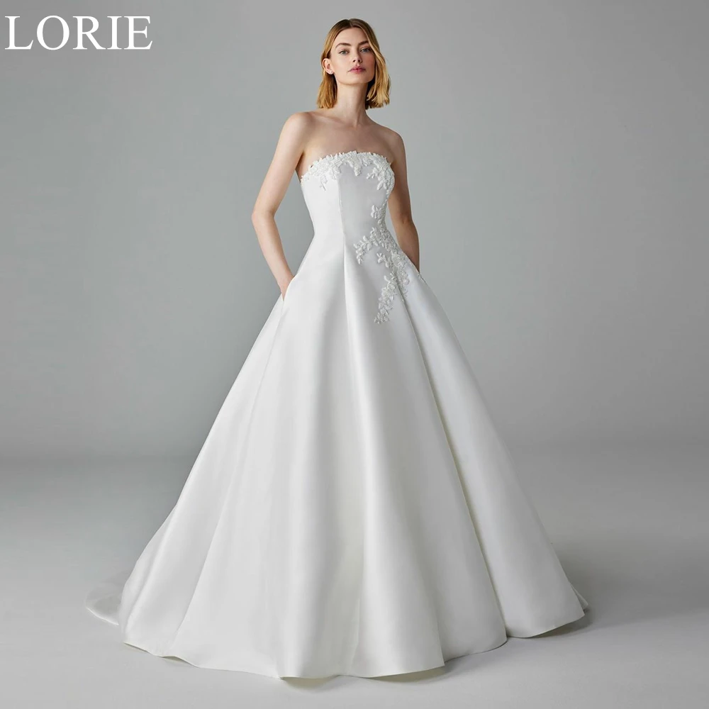 

LORIE Elegant Satin Wedding Dresses Strapless Lace Appliques A-Line Pleated Backless Bride Prom Gown 2024 Graceful Bridal Gowns