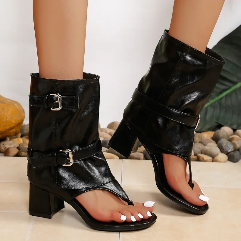Block Heel Square Toe Clip Toe Slide Boots Women 2026 New Summer Roman Sandals