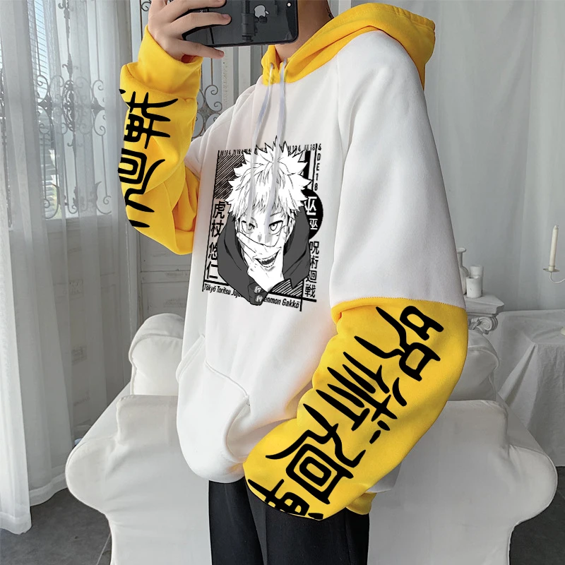 Jujutsu Kaisen Anime Hooded Itadori Yuji Graphic Print Men Women Patchwork Hoodies Oversized Streetwear Harajuku Male Sweatshirt