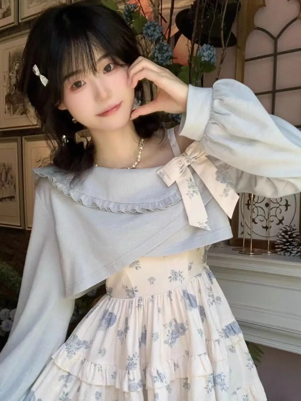 Sweet Japanese Sle Two-Piece Set Blue oulder Wrap Strap Dr ort Length Autumn Winter Faion for Soft Girls