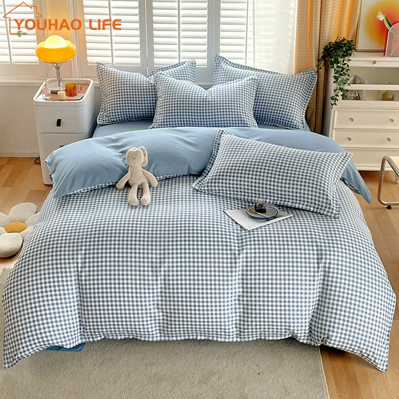 

All Season Soft Bedding Set, Brushed Microfiber, 1 Duvet Cover, 1 Flat Sheet, 2 Pillowcases, Blue Plaid, 4Pcs