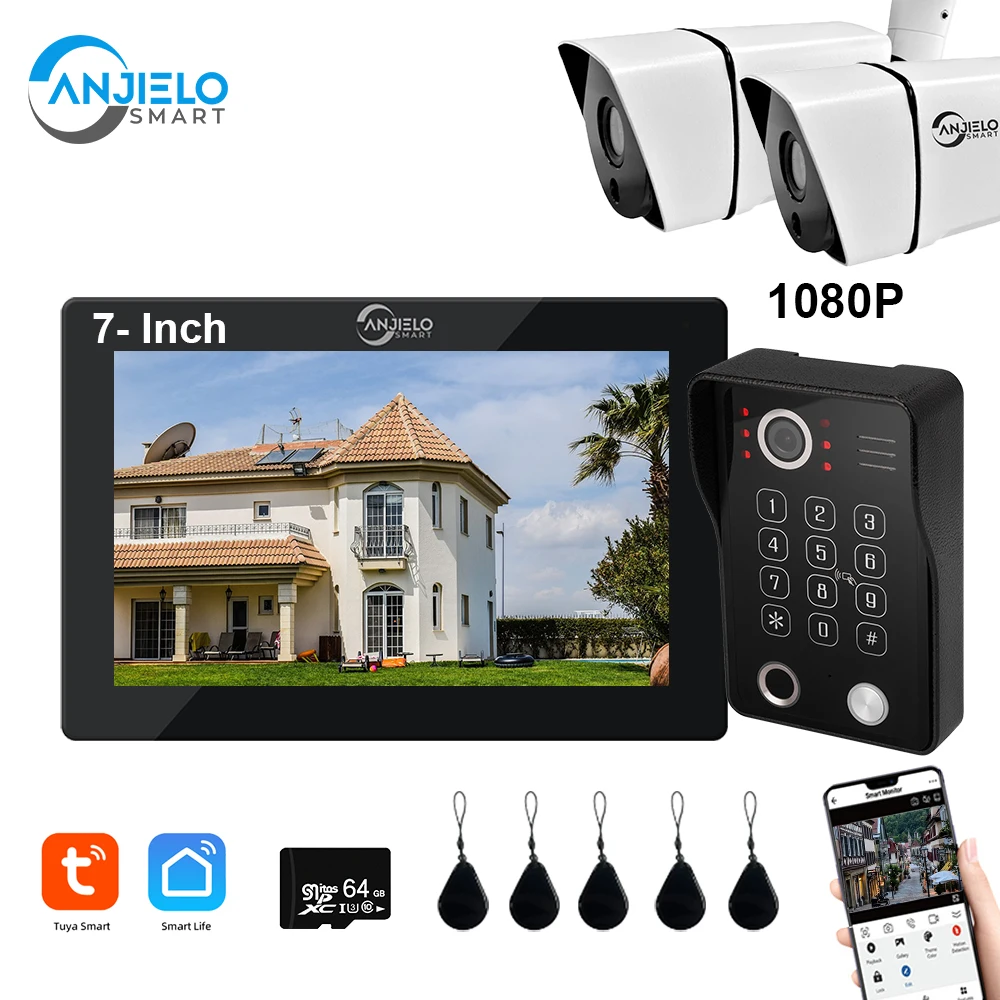 Kit de videoportero de 1080p, Tuya, Wifi, Monitor de 7/10 pulgadas, timbre con contraseña y huella dactilar, cámara de vigilancia impermeable para