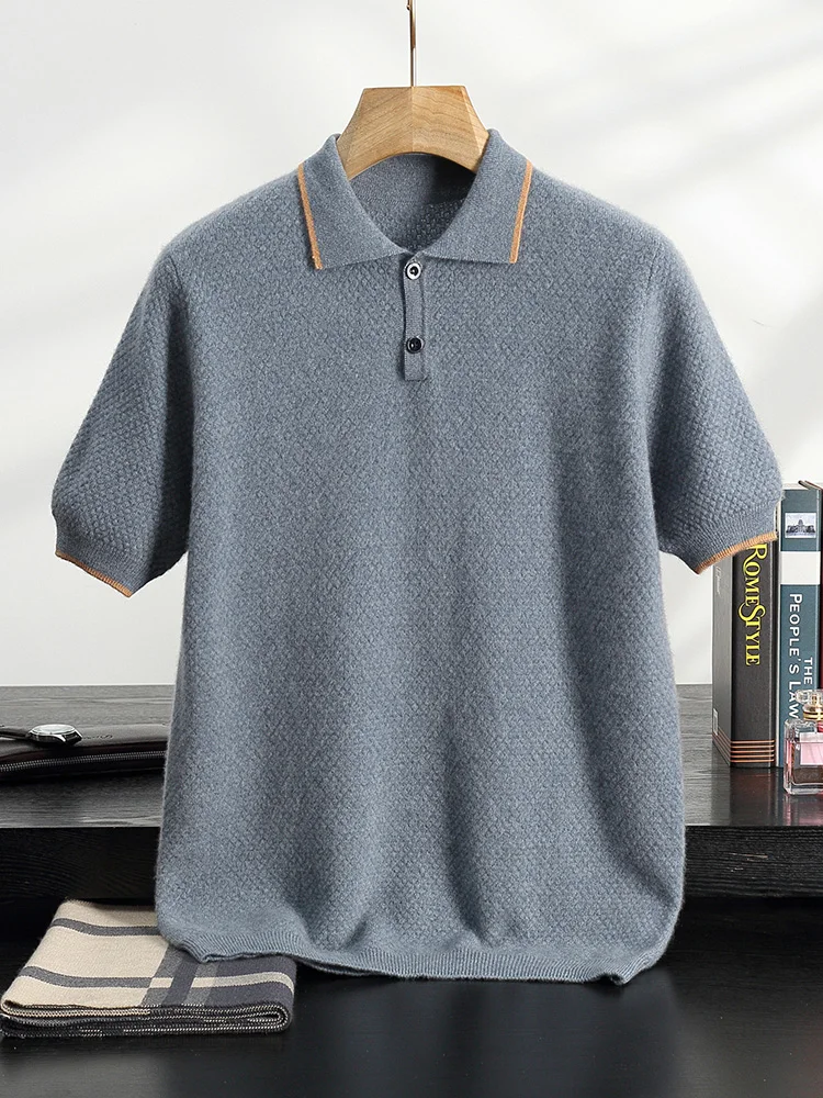 Men's Cashmere Polo T-shirt Short Sleeve Pullover Summer Autumn 100% Cashmere Sweater Smart Casual Knitwear Comfy ClothingTops