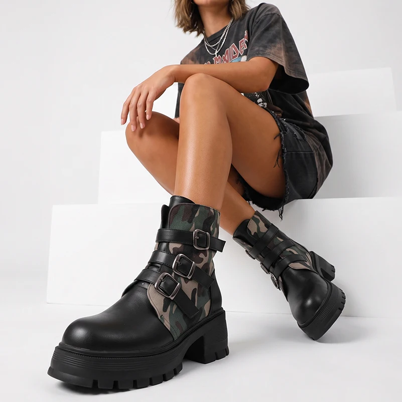 Women's Camo Patchwork Platform Ankle Boots, Three Buckle Straps Slip‑on Hook & Loop Chunky Heel Casual Moto Short Boots