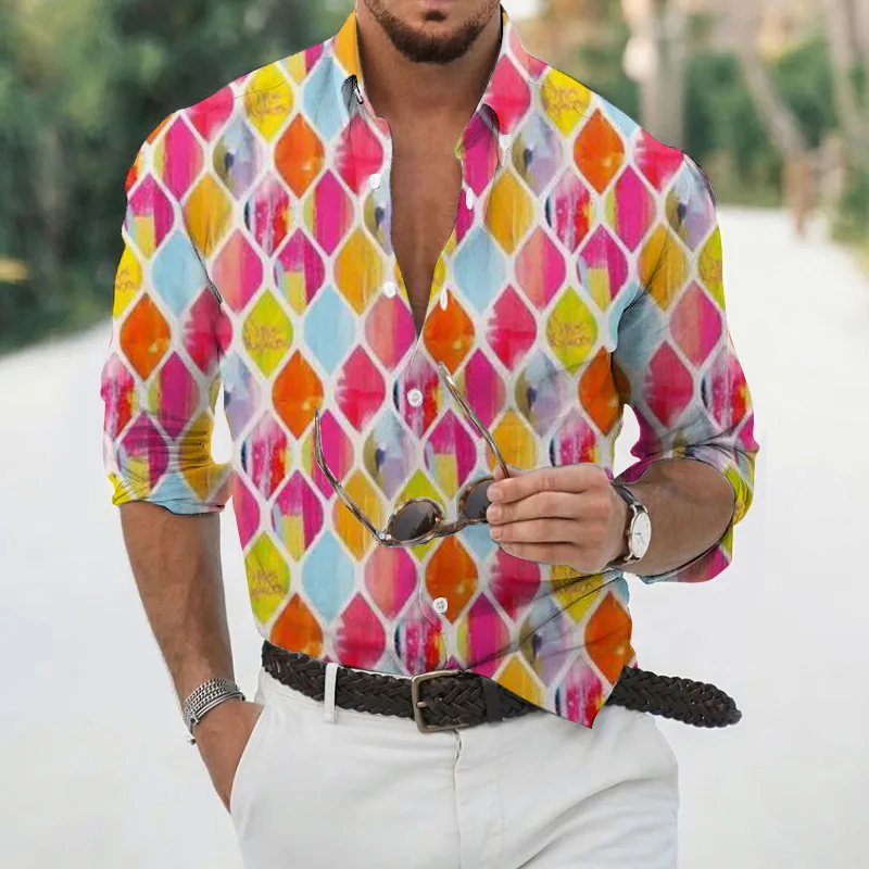 

2025 г., мужская осенняя простая цветная рубашка с 3D принтом и длинными рукавами, Гавайская пляжная одежда для отдыха, деловая повседневная пляжная уличная одежда