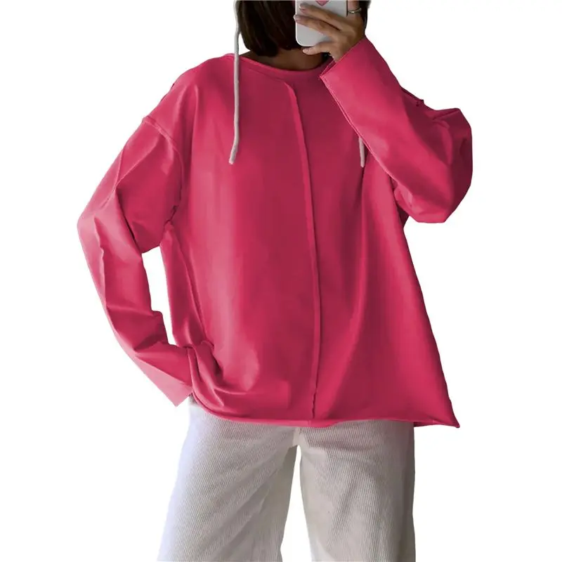 YLS- تي شيرت نسائي كبير الحجم بأكمام طويلة تي شيرت أساسي برقبة دائرية ملابس خريفية غير رسمية للتمرين Y2K