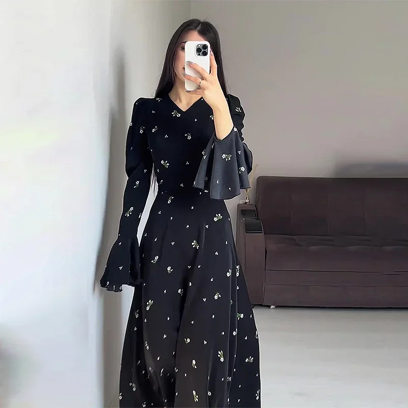 Dubai Arab Long Dress Women 2024 Autumn New Fashion Style Long Sleeve Slim Fit Ruffle Dress Long Dress Stand Collar Clothing