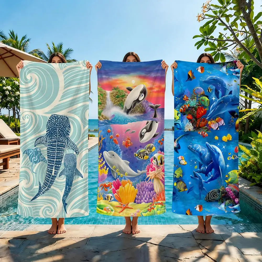 Dolphin And Fish Pattern Towel Beach Towel Quick Dry Absorbent Bath Towel For Swimming Gym Camping Outdoor Sunbathing