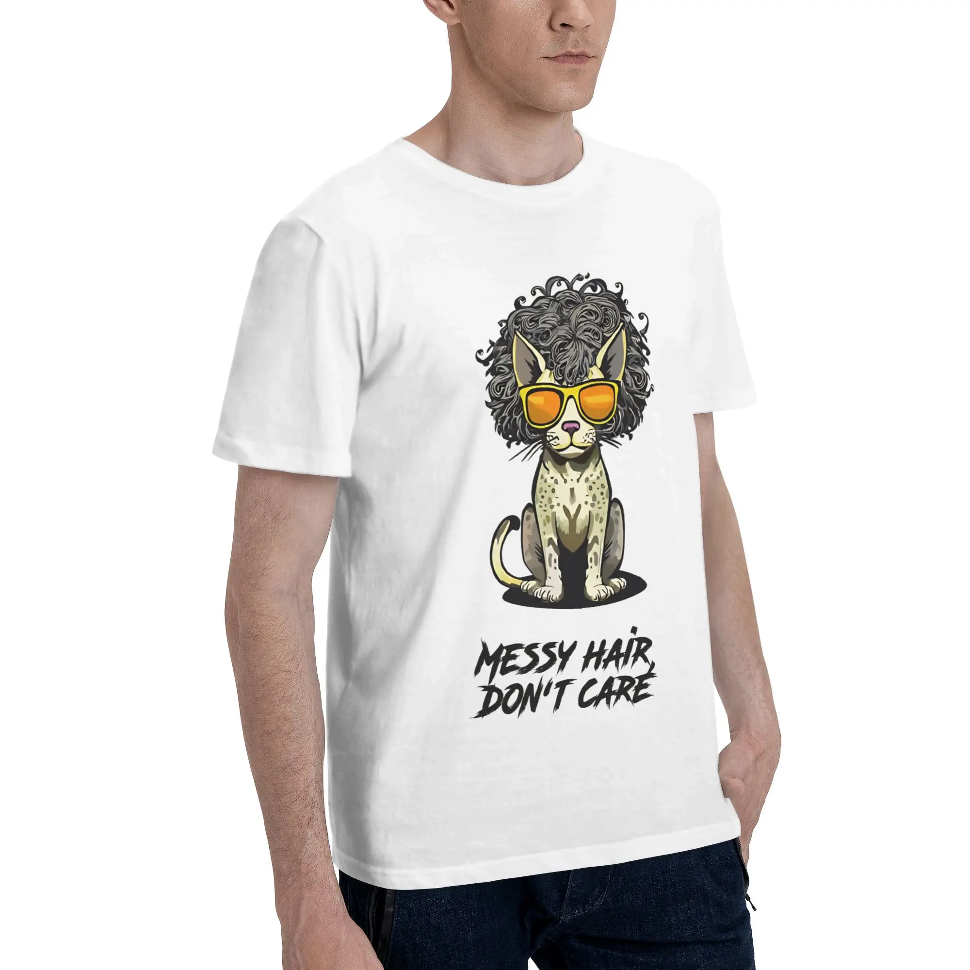 Funny Cat Design Messy Hair Men T Shirt Messy hair don’t care dog Humor Tees Short Sleeve Round Neck New Arrival Tops T-Shirt