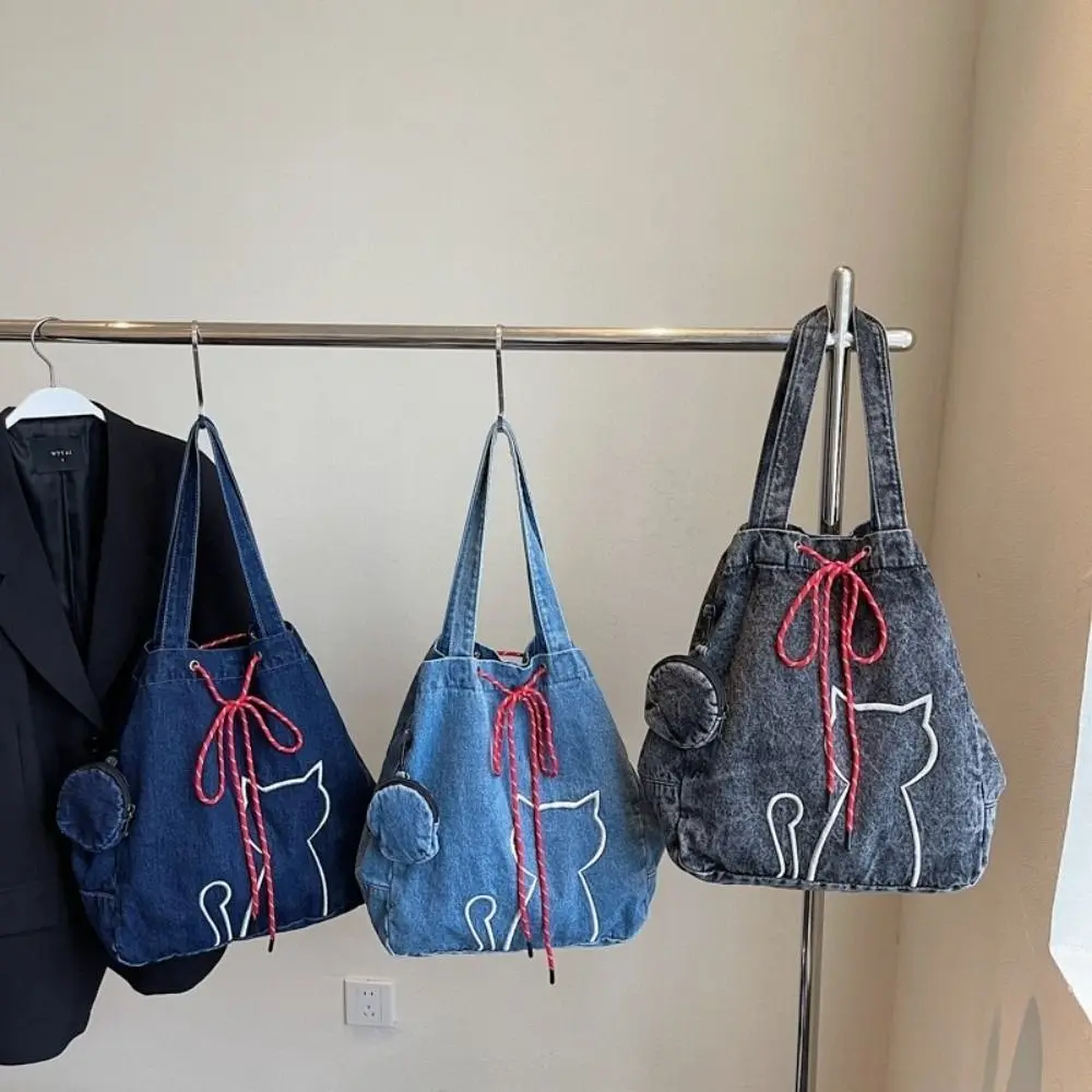 

Винтажные женские сумки-тоут для отдыха, джинсовые сумки на плечо Y2k Kitty, Harajuku, большая вместительная сумка на шнурке для поездок на работу