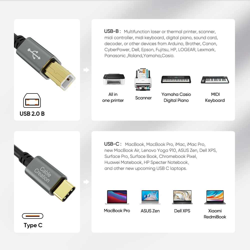 cablecreation usb c-usb b 2.0 프린터 케이블 스캐너 선은 엡슨 hp 캐논 삼성 type c midi 컨트롤러 키보드 dac 전자 피아노 야마하 카시오에 적용됐다