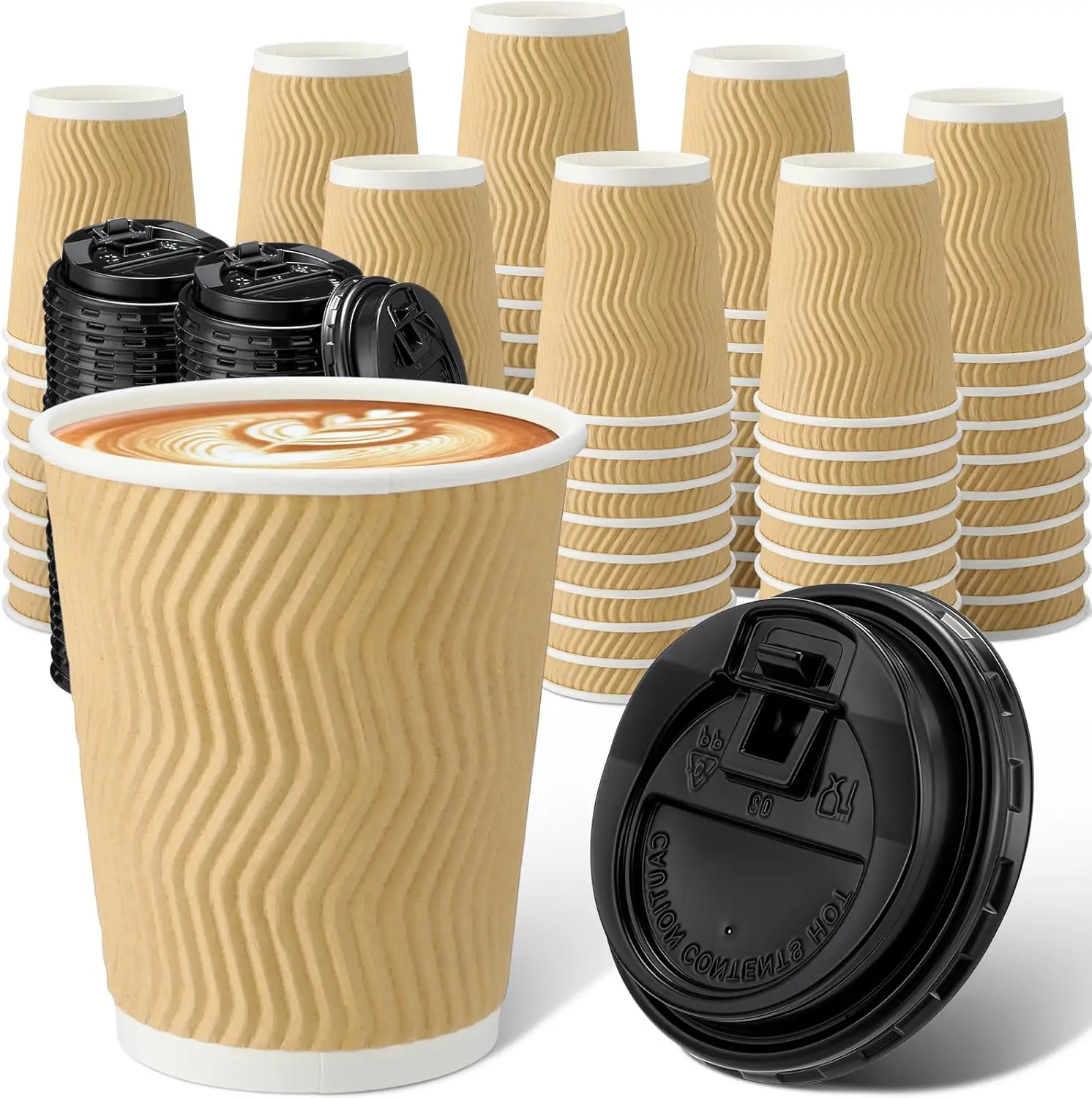 

140 Set 8 oz Coffee Cups with Lid Disposable Corrugated Paper Cup Bulk Water Mug Suitable for Coffee, Cocoa, Juice, Drin