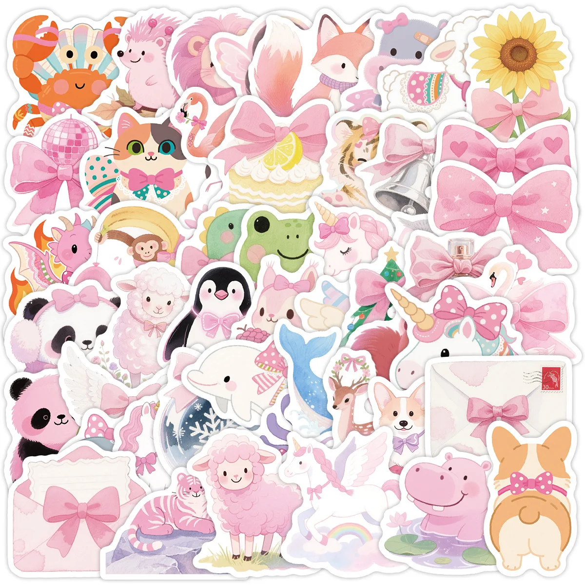 

50PCS Pink INS Style Cartoon Animal Cute Fun Graffiti Sticker Creative Decoration Scrapbook Guitar Pencil Box Desk Decal Toy