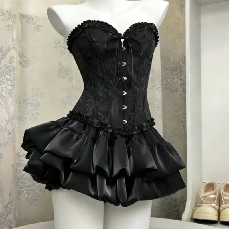 

Gothic Sweet Spice Two Piece Set Women Sexy Slim Corset Tops Layered Puffy Skirt Lolita Retro Aesthetic Fashion Skirt Set New